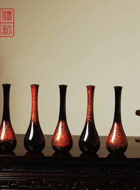 血檀大漆红金净瓶手工制作小花瓶客厅花插茶室摆件漆器工艺品