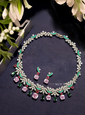 欧美民族风奢华绿色锆石耳环项链耳环套装名媛宴会礼服配饰首饰闪