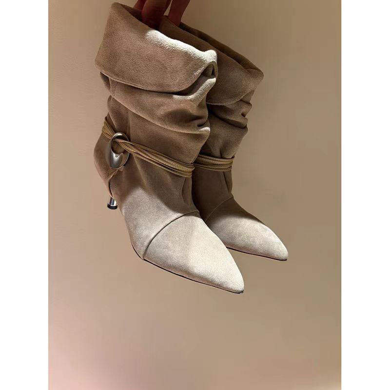 新款2025外贸磨砂反绒尖头细跟低跟绑带金属扣猫跟西部靴短靴女鞋,淘宝优惠券,粉丝福利购,淘宝优惠卷