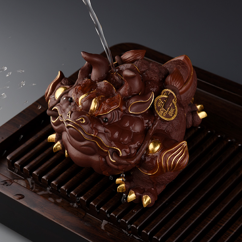 从简宜兴原矿紫砂茶宠手工描金招财金蟾茶玩茶道配件可养雕塑摆件