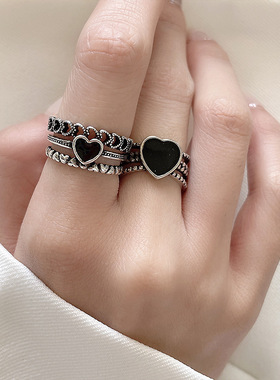 925银戒指不掉色小众开口复古欧美食指爱心纯银饰品ins戒指女