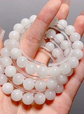 高品质和田玉白玉圆珠手串手链10mm女新中式冰透大气素雅