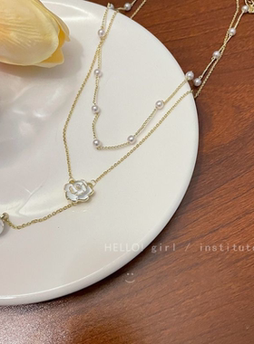 双层流苏珍珠项链女小众设计感山茶花锁骨链轻奢高级感叠戴颈链