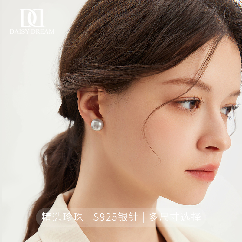 S925纯银针真多麻灰馒头珍珠耳钉女2025年新款爆款耳环精致耳饰品 - 图0