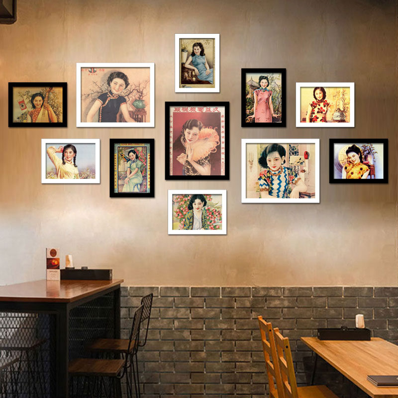 老上海广告画月份牌美女装饰画招贴画酒吧饭店组合墙画剧本杀挂画