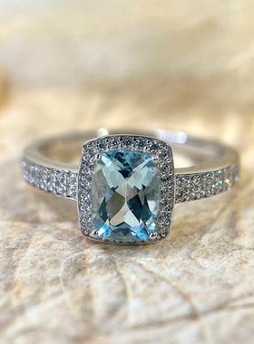 星赞S925纯银镀金约1.22克拉天然海蓝宝戒指晶体干净透亮方形简约