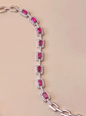 星赞轻奢珠宝约2.5克拉S925银天然红宝石手链可调节链条款INS风