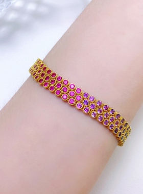 星赞轻奢珠宝银镶培育彩色蓝宝石三排满钻彩虹多巴胺轻奢纯银手链