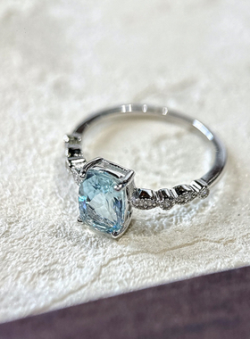 星赞S925纯银镀金约1.20克拉天然海蓝宝戒指精致复古珠边戒指简约