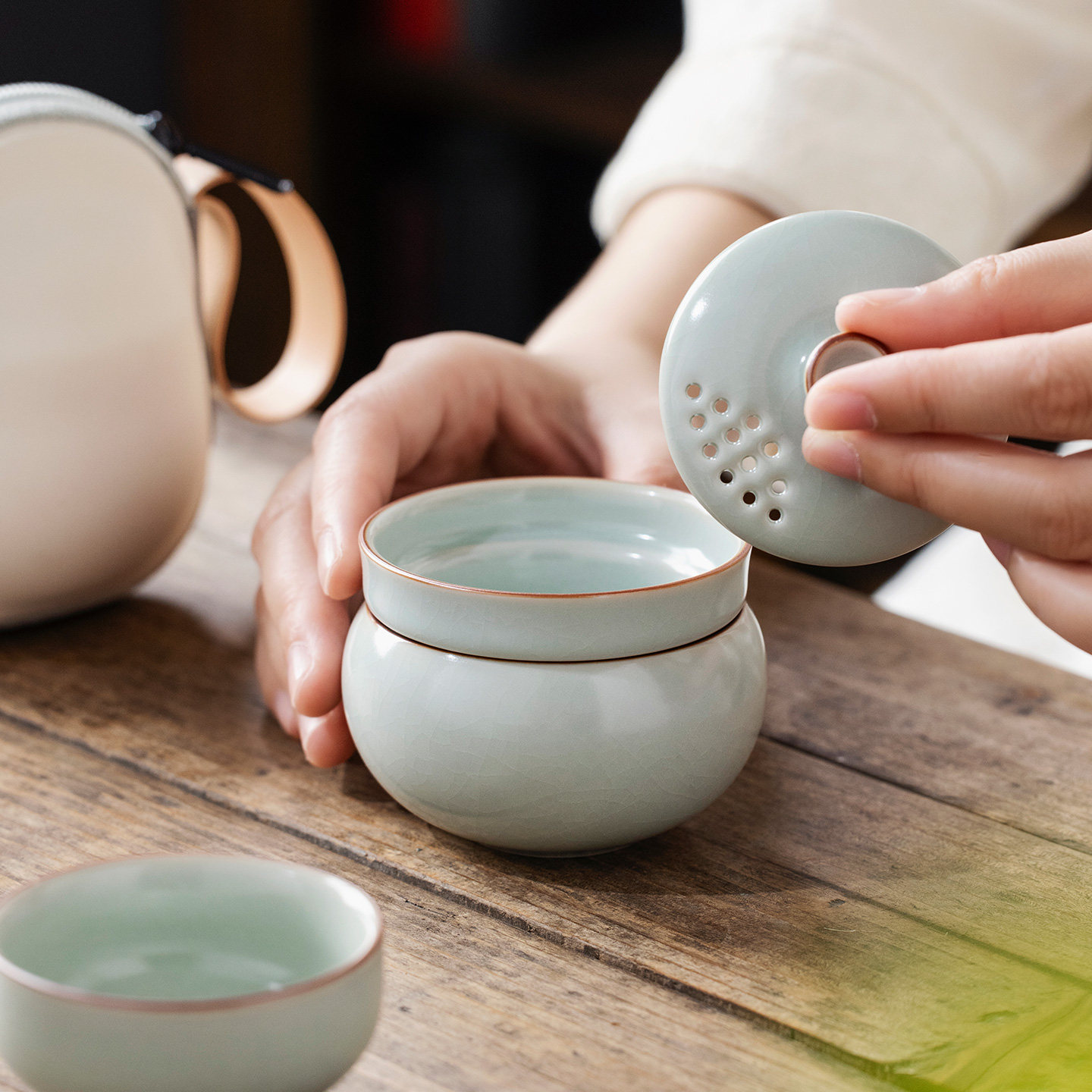 Tianqing Ru Kiln Gourd Quick Cup One Pot Two Cups Travel