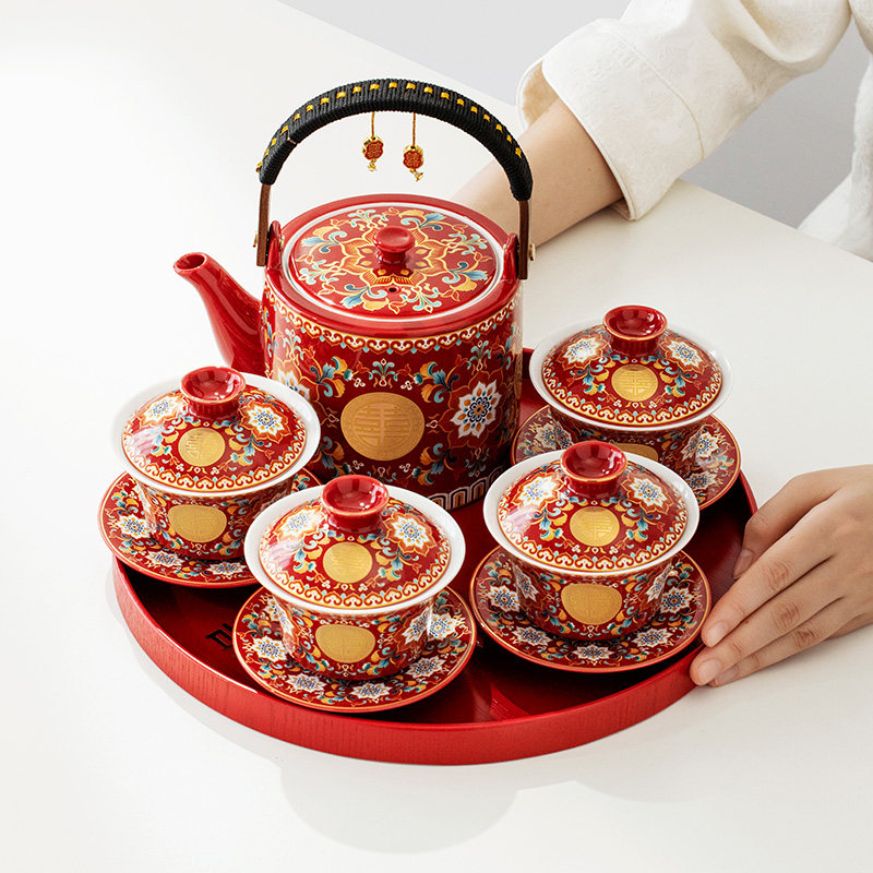 珐琅彩结婚敬茶碗茶壶套装新婚夫妻碗一对新婚敬茶杯婚庆陪嫁用品,淘宝优惠券,粉丝福利购,淘宝优惠卷