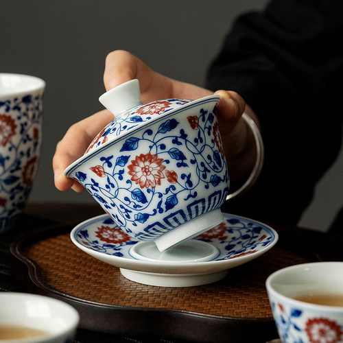 泥土故事釉里红缠枝莲泡茶碗功夫茶具盖碗单个防烫陶瓷泡茶器茶杯 - 图1