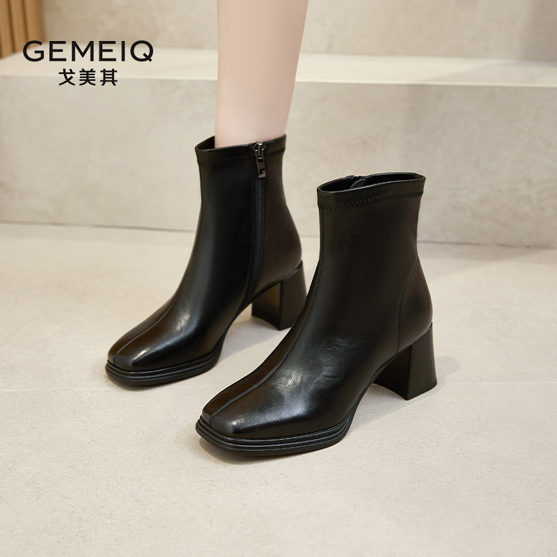 戈美其高跟靴子短靴女2025新款秋冬复古瘦瘦靴粗跟方头韩系小踝靴 - 图3