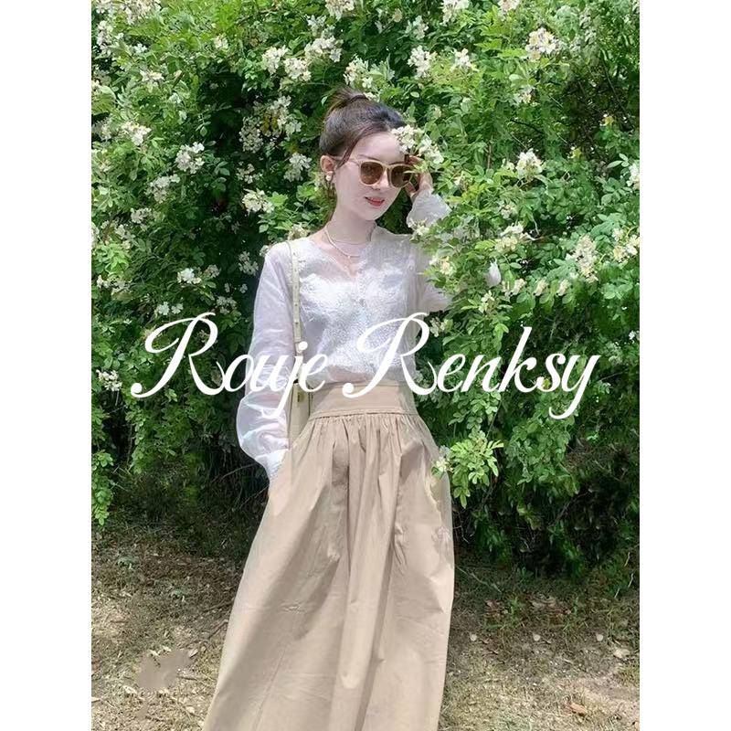 法国rouje renksy法式气质减龄V领蕾丝刺绣白色薄款简约衬衫女春 - 图2