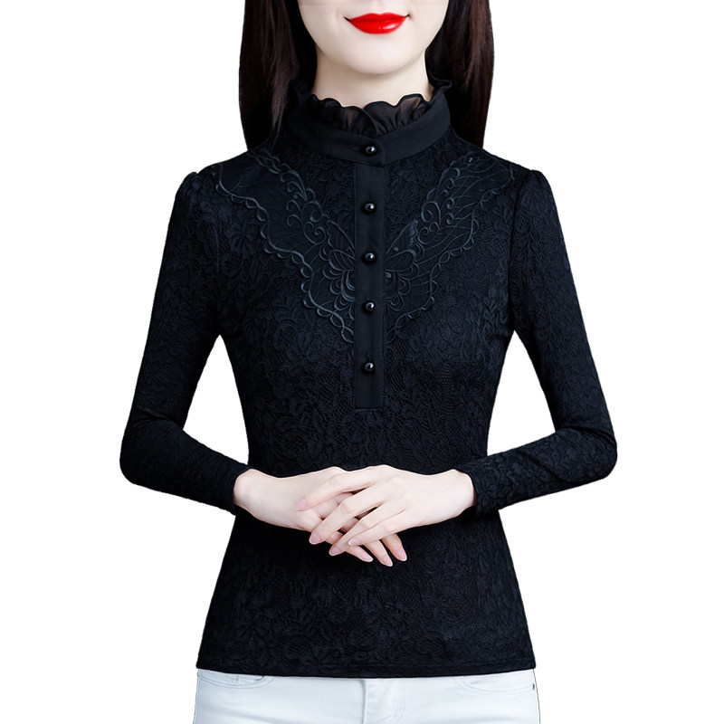 半高领蕾丝2021年秋冬新款加绒小衫 红鹿瑰人蕾丝衫/雪纺衫