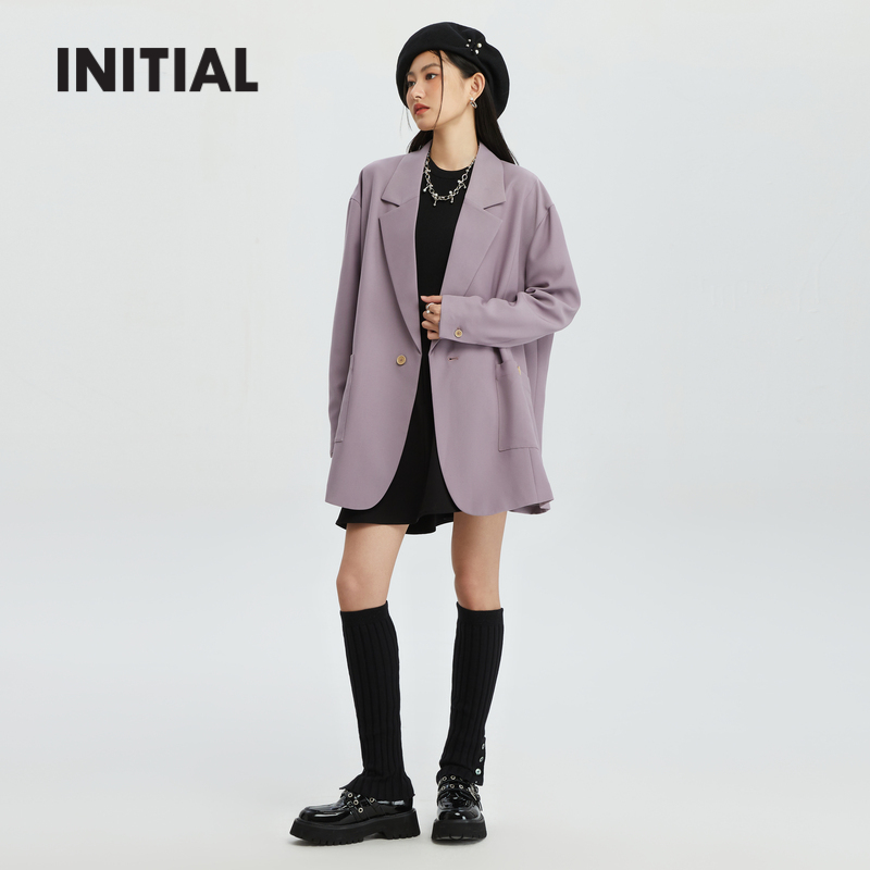 INITIAL春oversize宽松通勤时尚简约翻驳领紫色西装外套女 - 图0