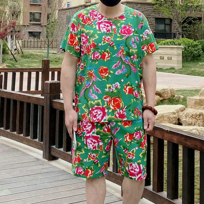 夏季棉绸睡衣家居服套装东北大花演出服装男士短裤短袖圆领T恤衫,淘宝优惠券,粉丝福利购,淘宝优惠卷