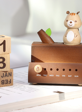 森活木趣松鼠树万年历木质音乐盒桌面创意摆件送女生情人节日礼物