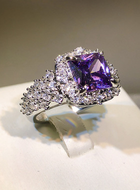 彩色宝石戒指女ins 轻奢感超闪奢华镶嵌紫色宝石璀璨满钻百搭