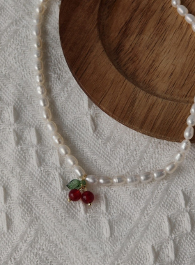 MoreSuitable淡水珍珠项链法式樱桃复古温柔锁骨链高品质粉嫩颈链