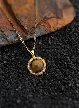 MoreSuitable厚镀18K真金保色天然石虎眼石圆形锆石美拉德锁骨链