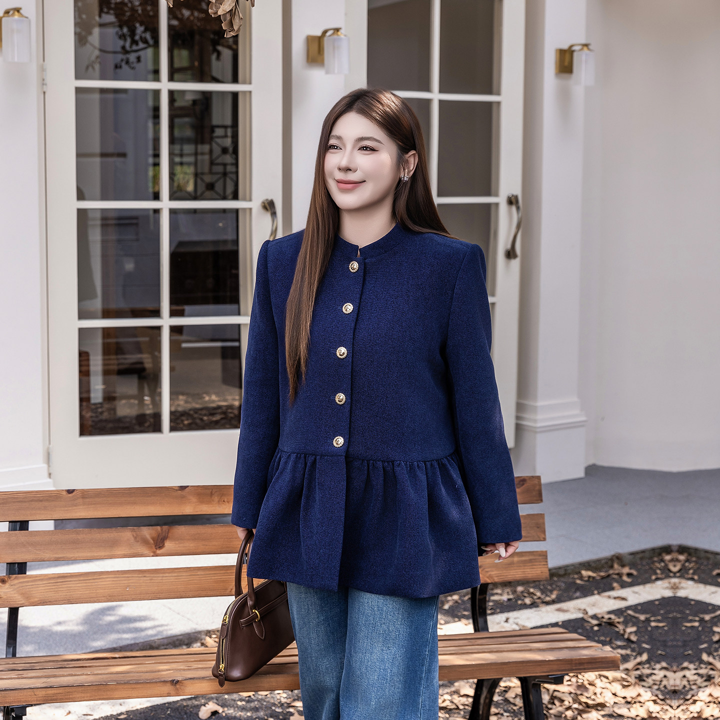 轻奢小立领A字香风大码外套女2025新款胖mm收腰显瘦排扣夹克藏蓝,淘宝优惠券,粉丝福利购,淘宝优惠卷