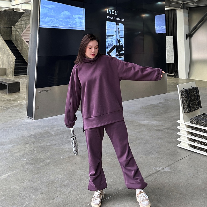 大码套装女冬季加绒加厚200斤胖mm高领卫衣+束脚运动裤宽松两件套 - 图0