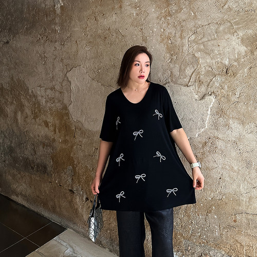 凉感冰丝烫钻大码t恤200斤女装胖mm宽松显瘦v领加肥加大短袖上衣 - 图0