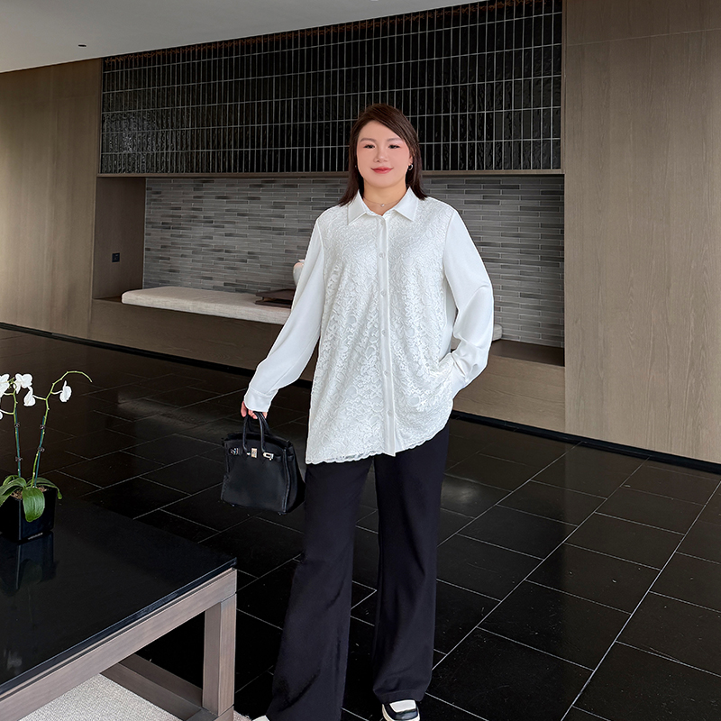 大码女装蕾丝拼接衬衫2024年新款200斤胖妹妹mm宽松垂感长袖衬衣 - 图0