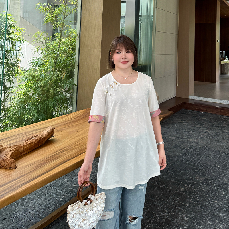 新中式国风吊坠针织上衣大码女装2025年新款胖mm显瘦复古短袖T恤