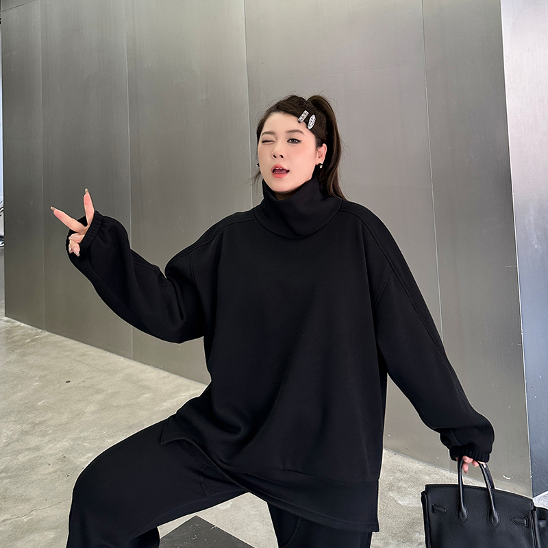 大码套装女冬季加绒加厚200斤胖mm高领卫衣+束脚运动裤宽松两件套 - 图2