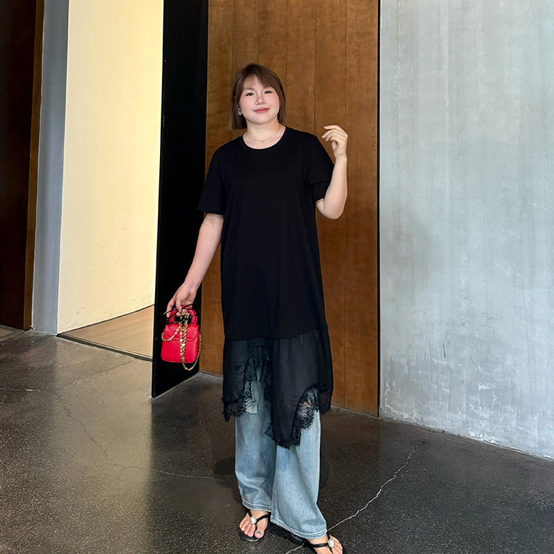 心存真冰瓷棉拼接t恤女夏季款特大码胖mm宽松显瘦中长款短袖上衣,淘宝优惠券,粉丝福利购,淘宝优惠卷