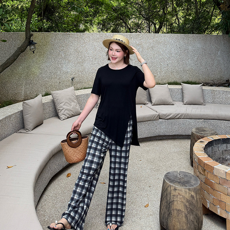 心存真大码女装格子阔腿裤胖mm宽松2025早秋新款宽松直筒拖地裤子,淘宝优惠券,粉丝福利购,淘宝优惠卷