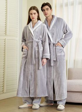 Couple's Thickened Flannel Robe Set Plush Long Fleece Bathro