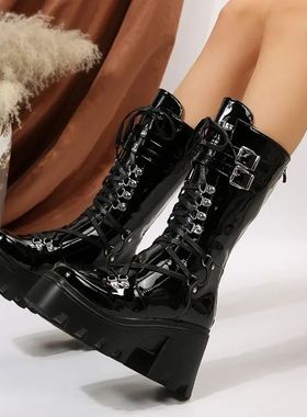 Winter 2024 New Women's Fashion Mid Tube Boots Lace Up High