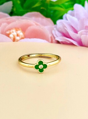出口欧美跨境外贸沙金饰品小众设计轻奢感简约四叶草戒指女开口银