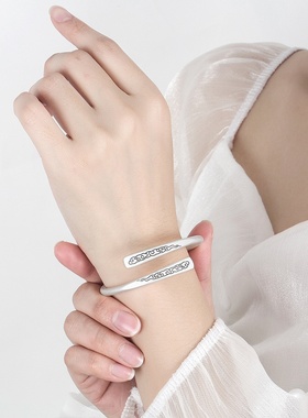 个性国潮复古祥云磨砂做旧手镯女简约云朵开口交叉实心镀银手环