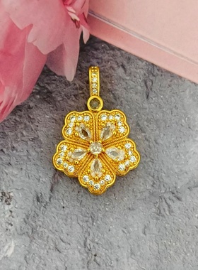欧美跨境外贸沙金饰品新中式项链女镶钻五叶花吊坠金久不掉色感