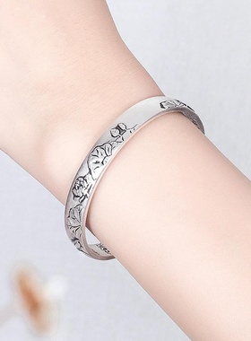 跨境外贸流行简约轻奢感银饰品饰品手饰禅经手镯 女款 佛经复古