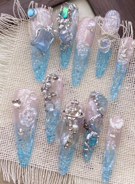 《海洋之心》星梦手工穿戴甲长海蓝钻冰透琉璃猫眼气质众重奢高定