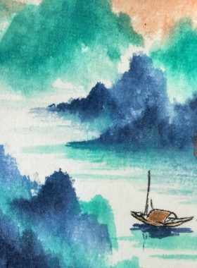 倚竹手绘风景青绿轻舟已过万重山摆画装饰画摆台挂画桌面装饰