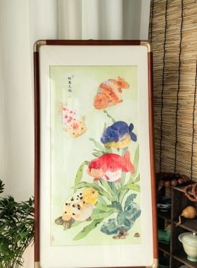 倚竹手绘兰寿金鱼国画水彩挂摆两用客厅玄关家居实木装饰画禅意画