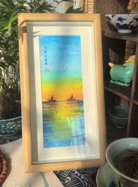倚竹手绘云霞出海曙挂摆两用工位装饰画茶台茶桌摆台禅意桌面摆件