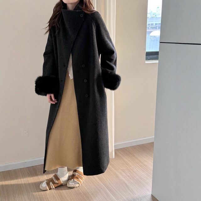 狐狸毛袖秋冬新款双面羊毛大衣长款腰带款 加厚保暖羊绒毛呢外套