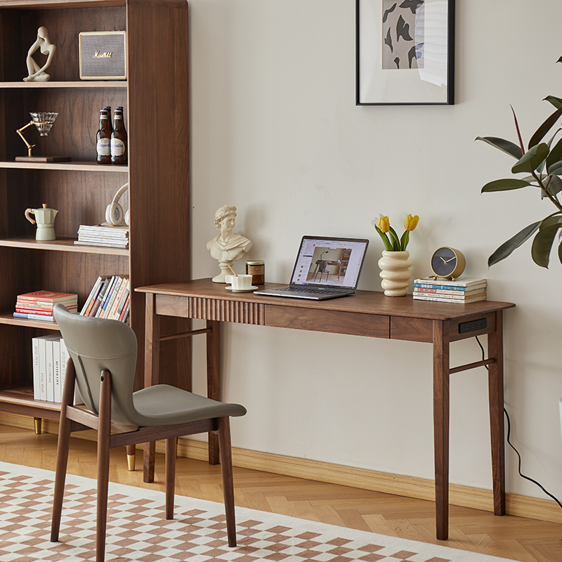 愫木工房轻奢实木书桌北欧写字台梳妆台电脑窄书台黑胡桃木电脑桌 - 图2