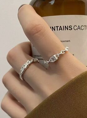 闪亮小方钻锡纹戒指女轻奢小众