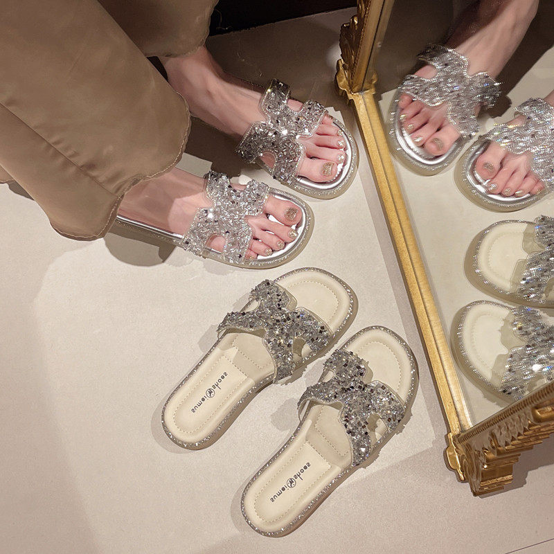 小香风拖鞋女夏外穿高级感沙滩外出海边沙滩透明配裙子水钻凉拖鞋,淘宝优惠券,粉丝福利购,淘宝优惠卷