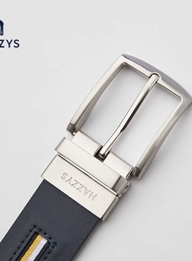 Hazzys正品现货哈吉斯男士皮带针黑色拼接商务休闲腰带金属头针扣