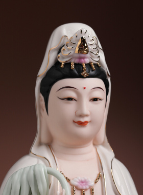 七珍陶瓷坐莲南海观音菩萨佛像摆件彩绘观世音菩萨像客厅家用供奉