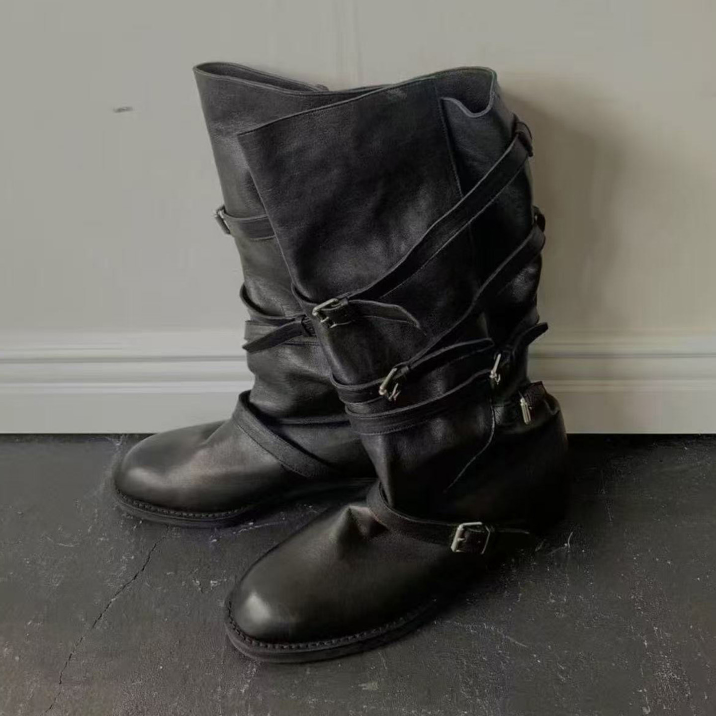 韩国皮带扣西部牛仔靴女2025秋冬新款复古中筒马丁靴粗跟骑士靴子 - 图1